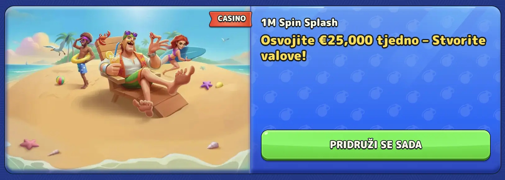 Osvojite tjedni nagradni fond od €25,000 u 1M Spin Splash kampanji Animirani likovi na plaži s koktelima i daskom za surfanje – promocija 1M Spin Splash